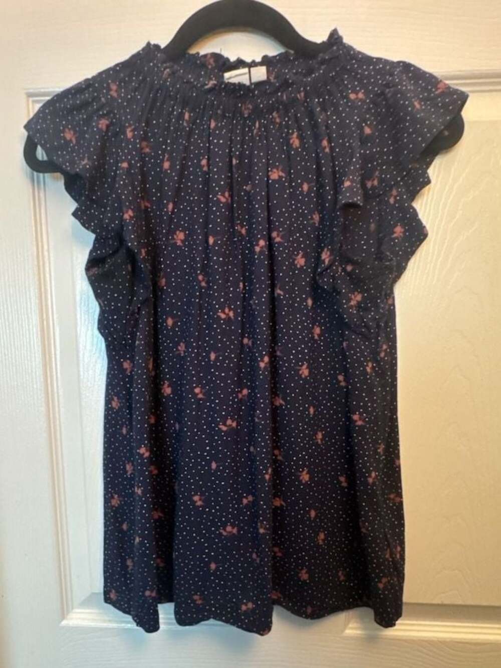 Gap Navy Polka Dot Floral Print Ruffle Cap Sleeve Blouse size x-small